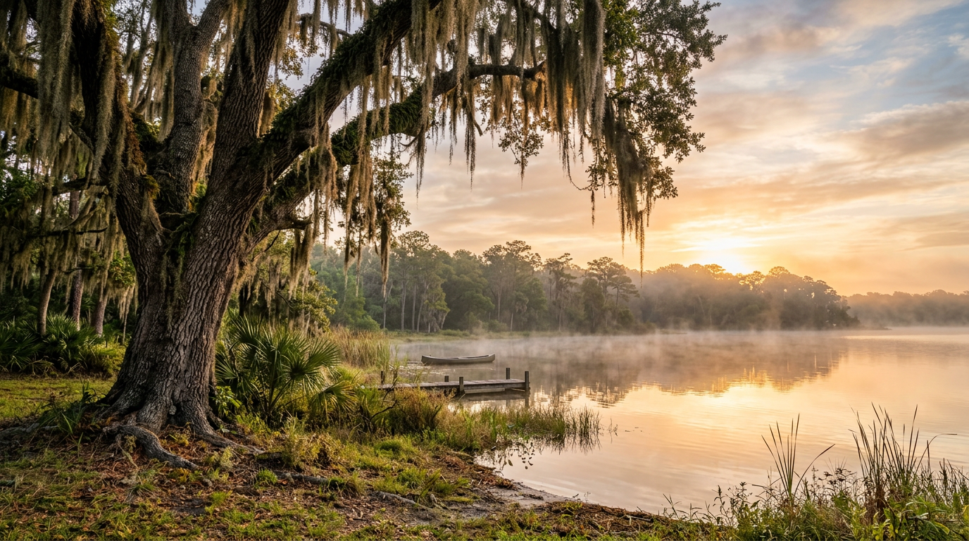 A live oak tree draped in Spanish moss beside a calm Central Florida lake at sunrise